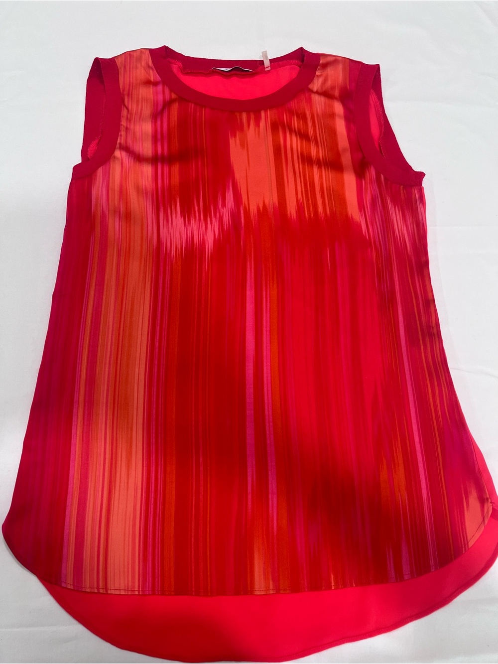 T Tahari Red and Orange Striped Pleated Sleeveless Top